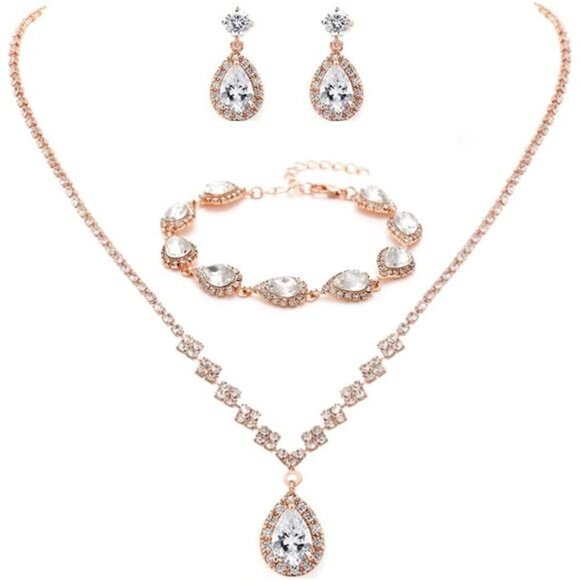 Rose Gold Bridal Crystal Necklace Earrings Set Bridal Wedding Jewelry Set - Picture 1 of 8